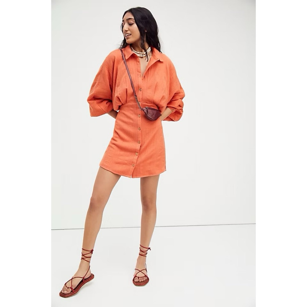 Free People Moni Mini Dress Orange Long Sleeve Comfy Casual Brunch Medium